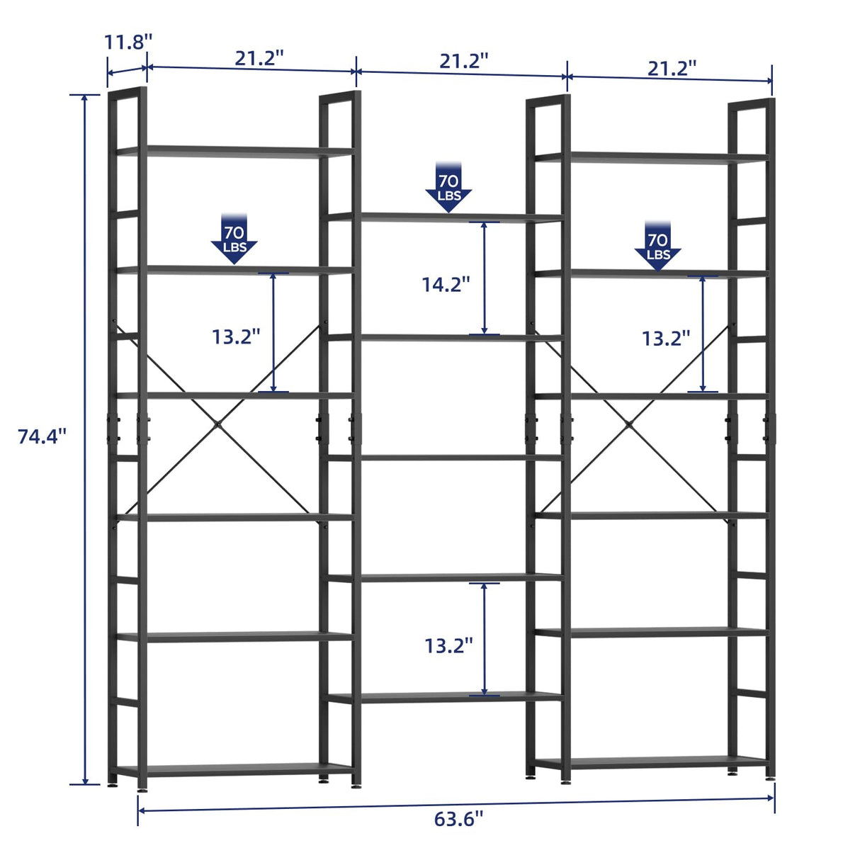 NUMENN Triple Wide 6 Tier Bookshelf, Rustic Industrial Style Bookcases and Bookshelves with 17 Open Display Shelves, Modern Tall Bookcase Furniture for Bedroom, Living Room and Home Office, Black NUMENN