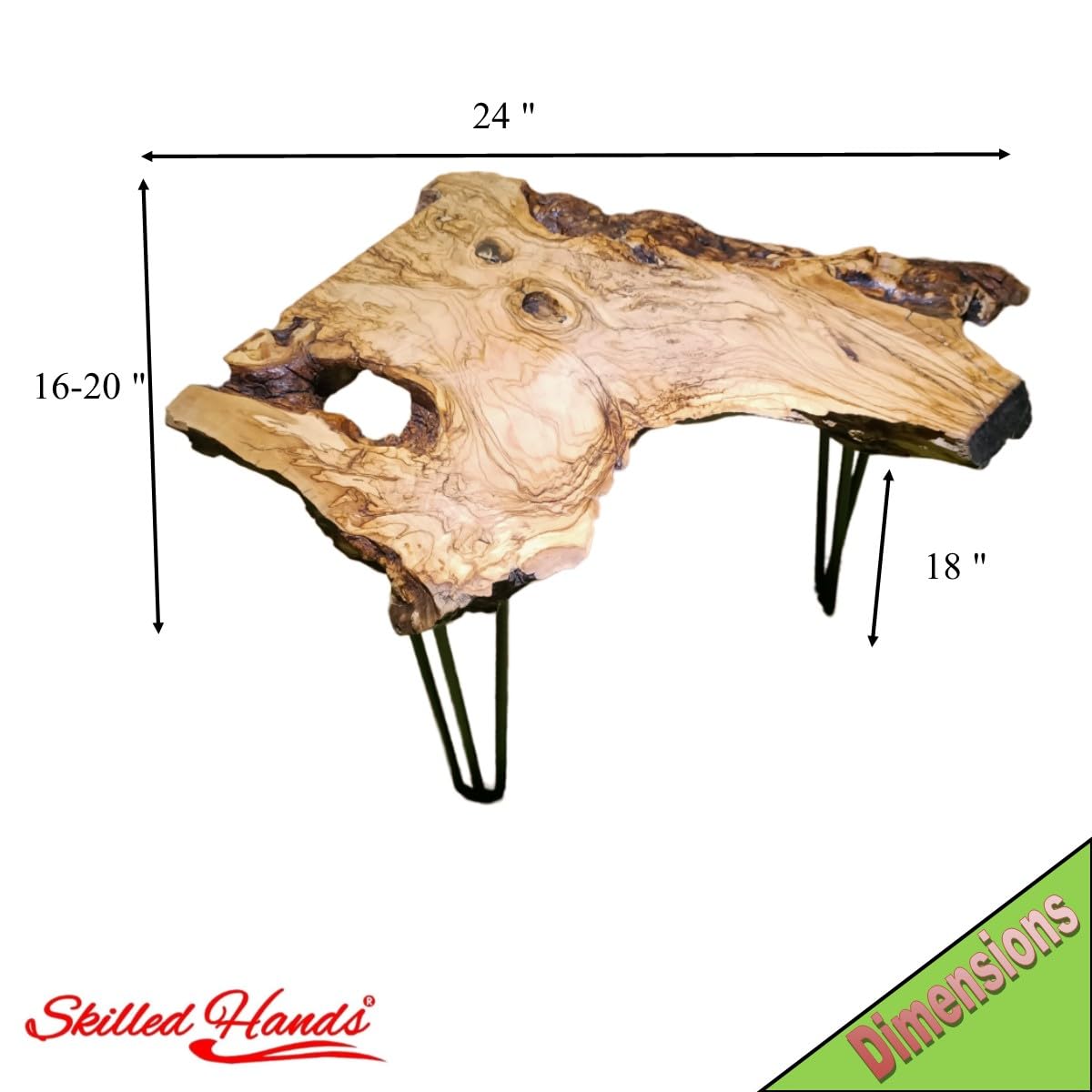 skilled hands Olive Side Table Natural Live Edge end Table 24" Length with Black Legs Rustic Coffee Table Nesting Table l skilled hands