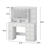 Maupvit 47.1" Makeup Vanity with Mirror and Lights,White Vanity Desk with Drawers and Shelves，Large Makeup Table with Glass Top，Bedroom Dressing Table Maupvit