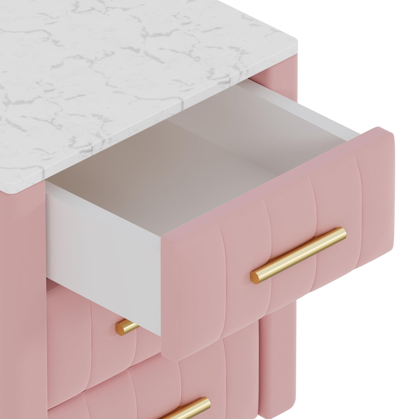 3 Drawers Nightstand with Metal Legs&Handles,Upholstered Nightstand with Faux Marble Top, Bedside Table Furniture, Velvet End Table for Bedroom, Living Room(Pink)