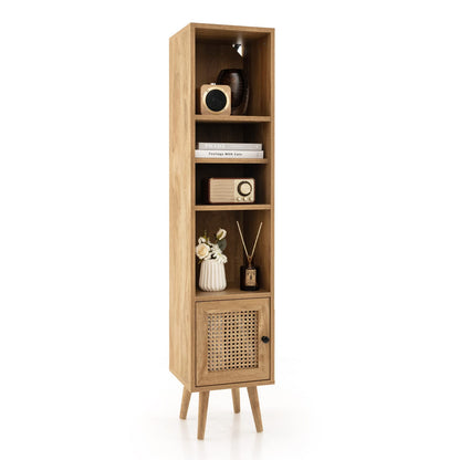 Giantex 54" Tall Slim 4-Tier Bookcase with Rattan Door and Adjustable Shelves - WoodArtSupply