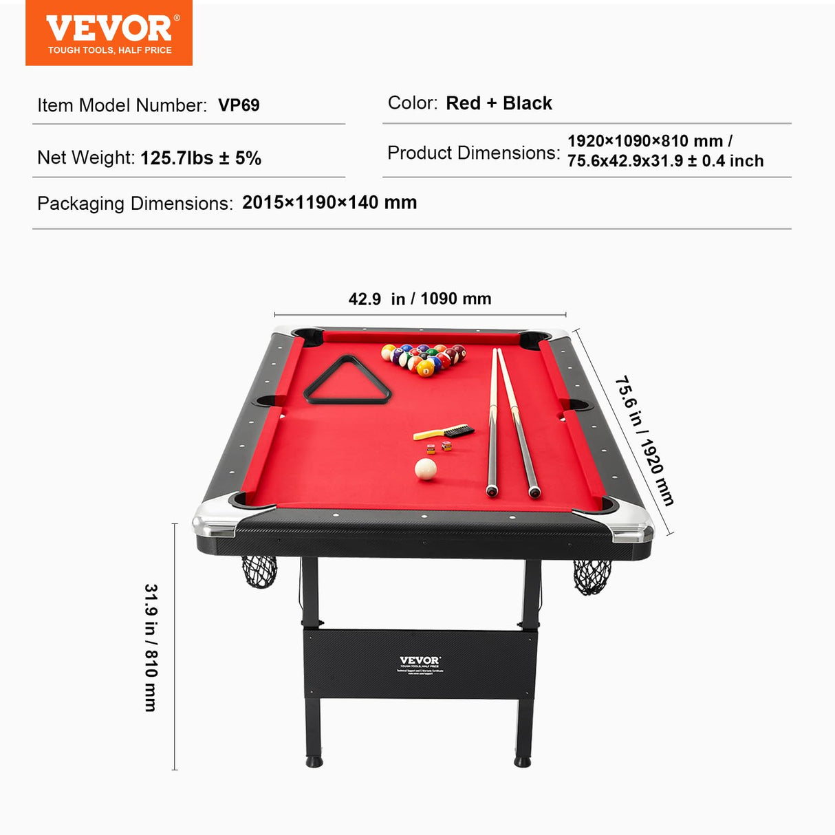 VEVOR Billiards Table, 6.3 ft Pool Table, Portable Foldable Space-Saving Table, Billiard Table Set includes Balls, Cues, Chalks and Brush, Black with Red Cloth, Perfect for Family Game Room Kid Adult VEVOR
