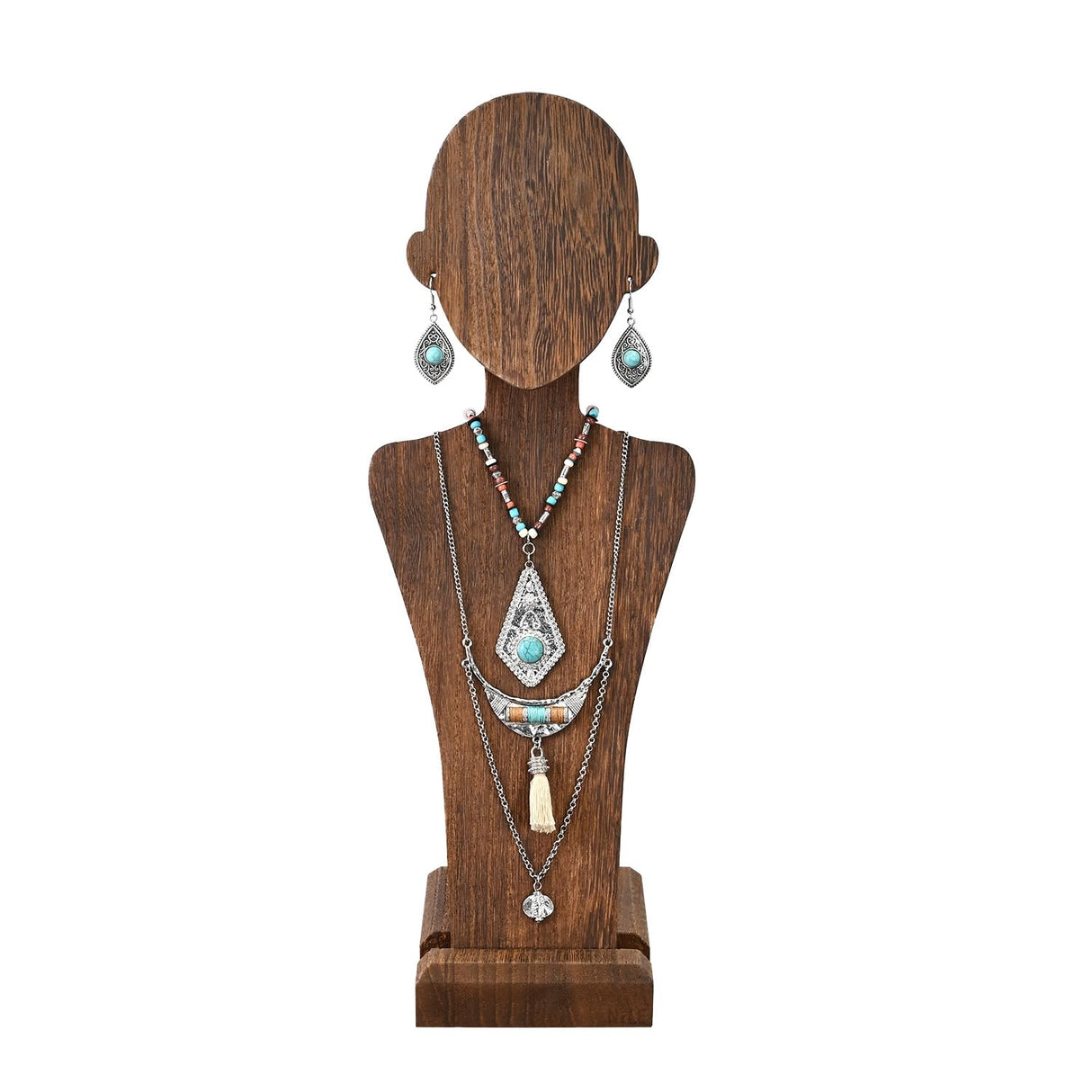 MOOCA Portable Wooden Mannequin Jewelry Stand, Jewelry Display Organizer for Earrings & Multiple Necklace, Brown Color MOOCA