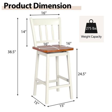COSTWAY Set of 2 24.5-Inch Swivel Bar Stools in White Rubber Wood with Footrest and Ergonomic Design COSTWAY