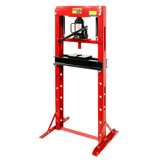 12 Ton Hydraulic Garage Press, H-Frame Hydraulic Shop Press with Adjustable Height, Garage Benchtop Press with Stamping Plates to Bend, Red - WoodArtSupply