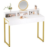 GreenForest Vanity Desk with 2 Drawers, White Makeup Desk with 3 Storage Spaces, 40 inch Small Desk with Gold Metal Legs, Modern Home Office Desk for Kids, Bedroom (No Mirror) GreenForest