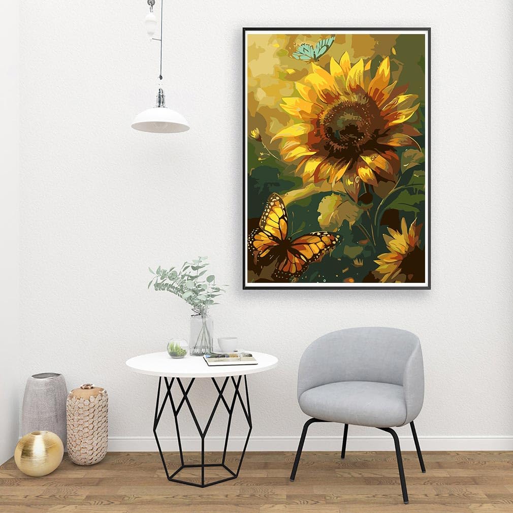 AALBLAC Paint by Numbers Kit for Adults Beginner,Sunflower Paint by Number for Adults Canvas,Acrylic Easy Butterfly Paint by Number,DIY Flowers Painting by Numbers for Gift Home Wall Decor 16x20 Inch AALBLAC