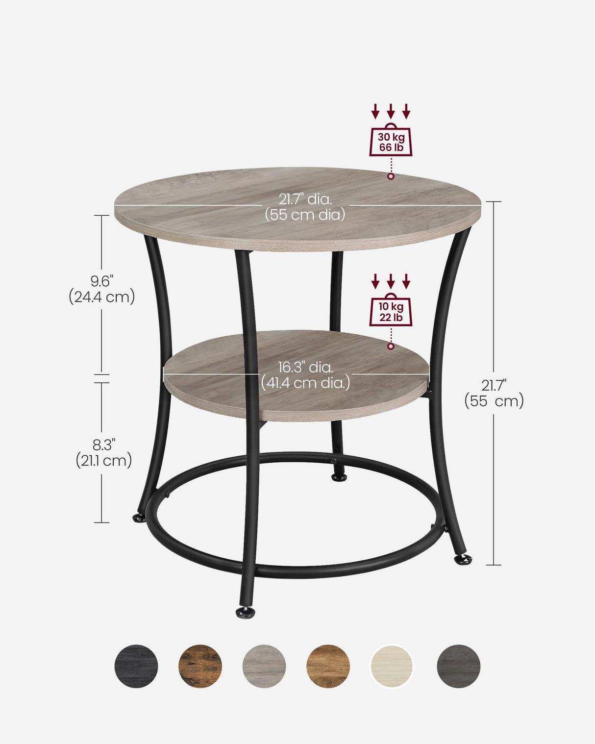 VASAGLE Side Table, Round End Table with 2 Storage Shelves for Living Room, Bedroom, Nightstand with Steel Frame for Small Spaces, Accent Coffee Table, Greige and Ink Black VASAGLE