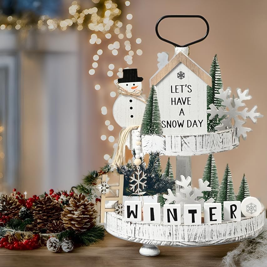 FESTGLOX 14Pcs Winter Christmas Tiered Tray Decor, Snowman Wood Signs Set for Tiered Tray, Small Rustic Winter Snowman Signs and Christmas Tree for Home Table Decoration (Tray Not Included) FESTGLOX