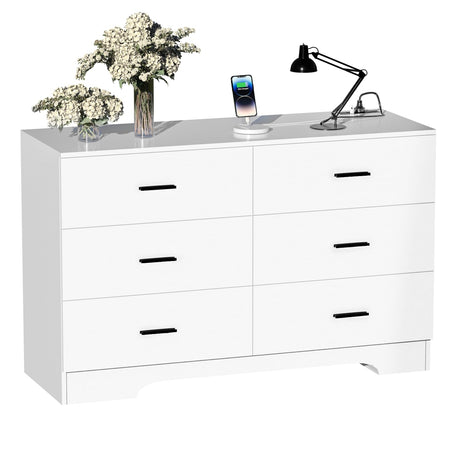 FJTJBSI Dresser with Power Outlets Wooden 6 Drawer Dresser with USB and Type C Port Chest of Drawers for Bedroom Tall White Dresser Storage for Living Room Hallway Closet FJTJBSI