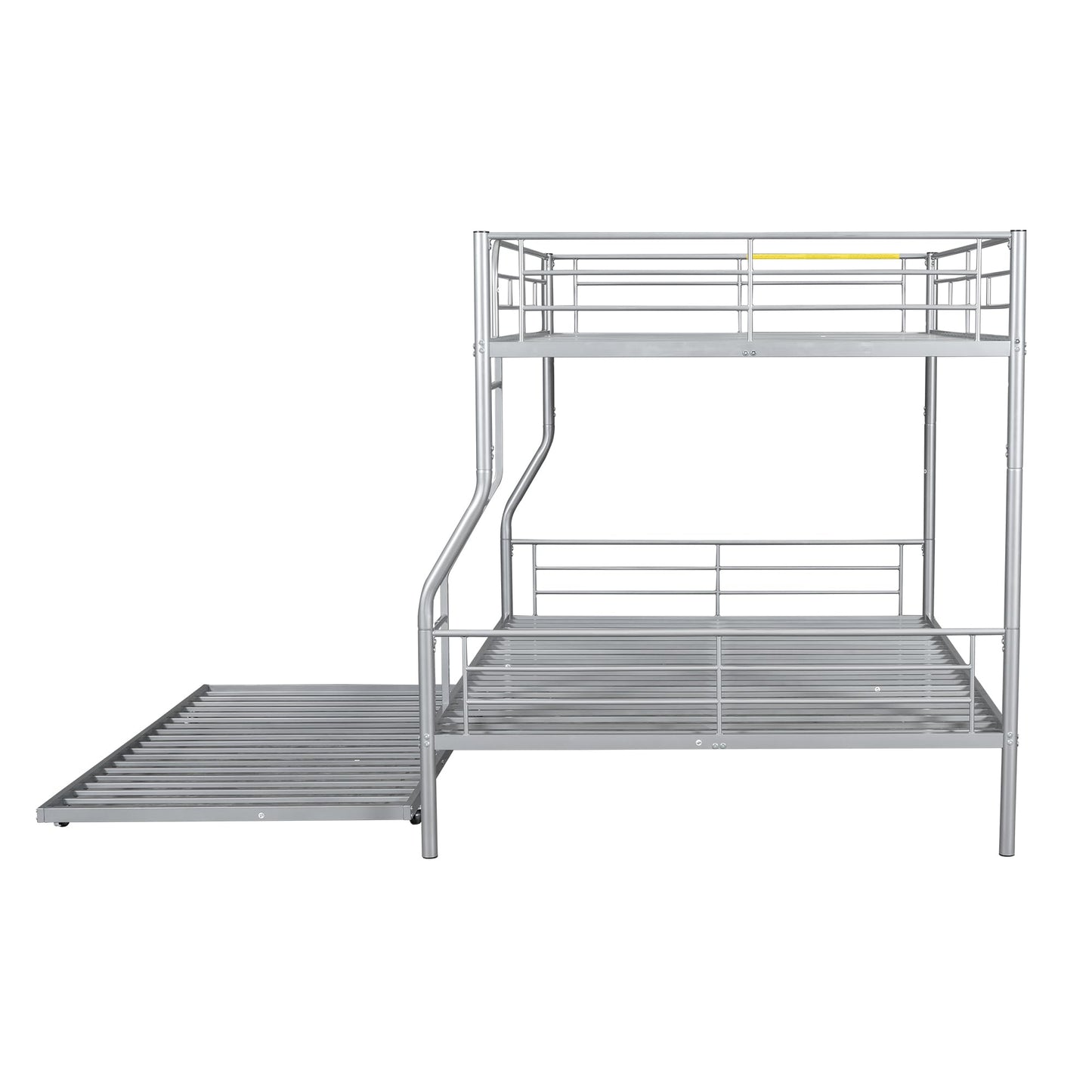 Harper & Bright Designs Full XL Over Queen Metal Bunk Bed with Trundle, Ladder & High Guardrail, Able to Split, Noise Free, Heavy-Duty Steel Loft Bed Frame with Safety Rail for Bedroom, Dorm (Silver)