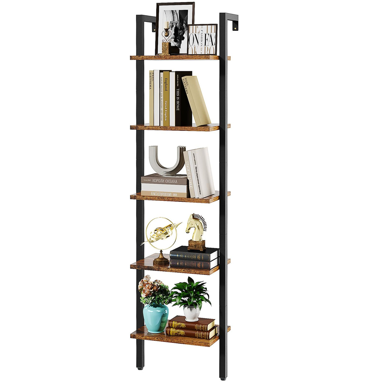 YMYNY 5 Tiers Ladder Bookcase, Industrial Wall Mounted Bookshelf, Open Display Rack with Metal Frame, Wooden Storage Shelves for Bedroom, Home Office, Plant Stand, Rustic Brown, 70*17.3*11.8"UHBC015H YMYNY