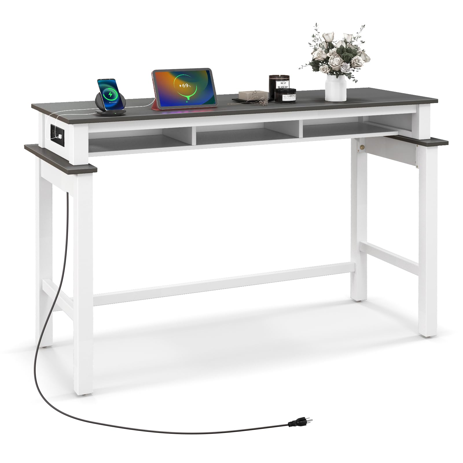 Giantex White and Grey Counter Height Bar Table with Power Outlets and Storage Compartments - WoodArtSupply