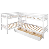 L-Shaped Bunk Bed with Drawers, Bunk Bed for 4 Twin Over Twin for Kids/Teen Wood Quad Bunk Beds Frame, White Bellemave