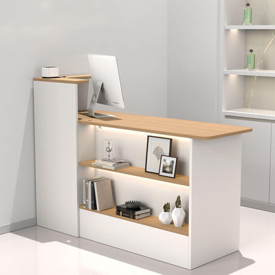 Anzhap Reception Desk with Counter - Front Desk Reception Counter with Hidden Cable Management, Lockable Drawer and Storage Cabinet for Salon,Office,Lobby,Cashier (White+Natural/Right,59"L*19"W*39"H)