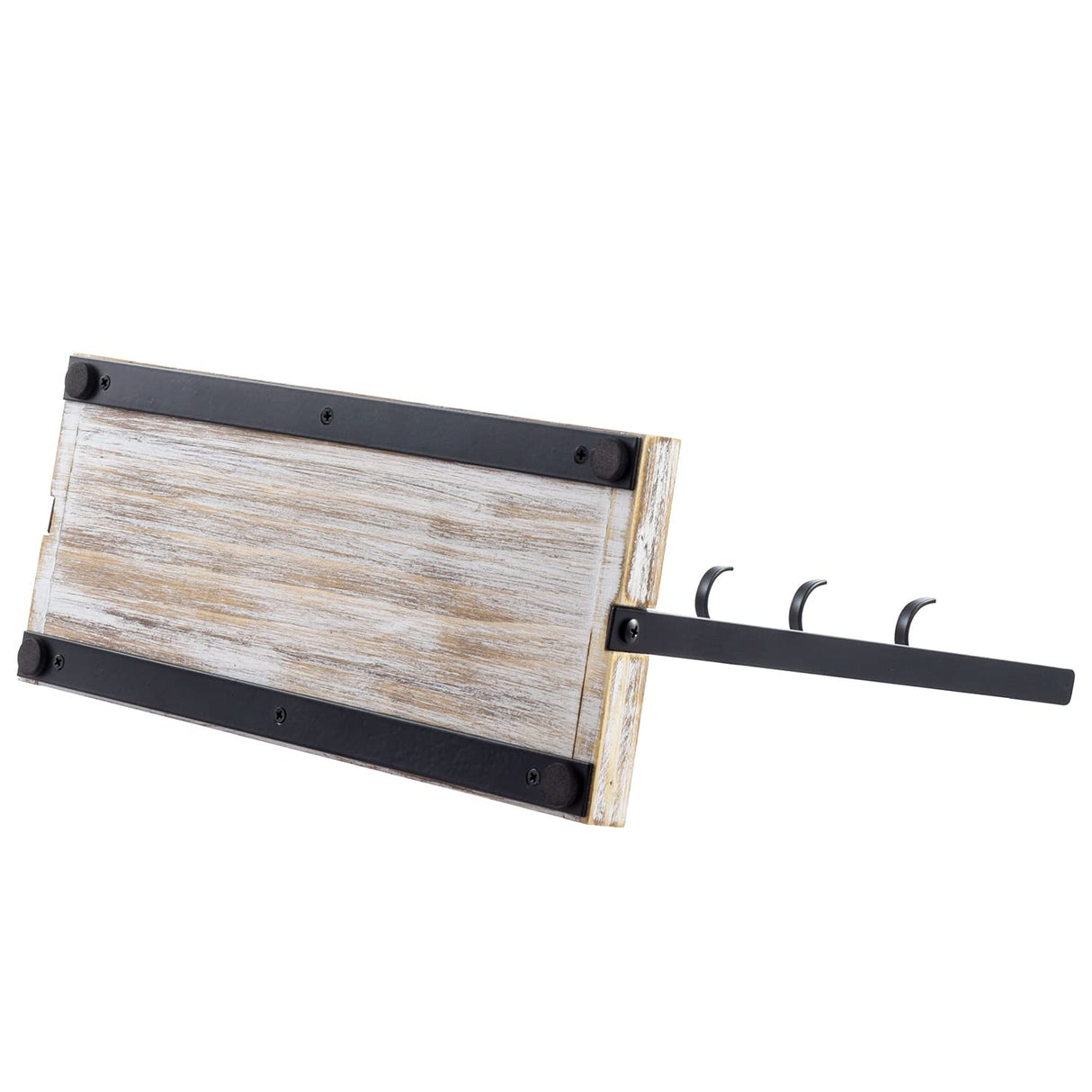 MyGift Black Metal Entryway Key Holder with 5 Hooks and Shabby Whitewashed Wood Base, Tabletop Necklace and Jewelry Organizer Rack with Ring Tray MyGift