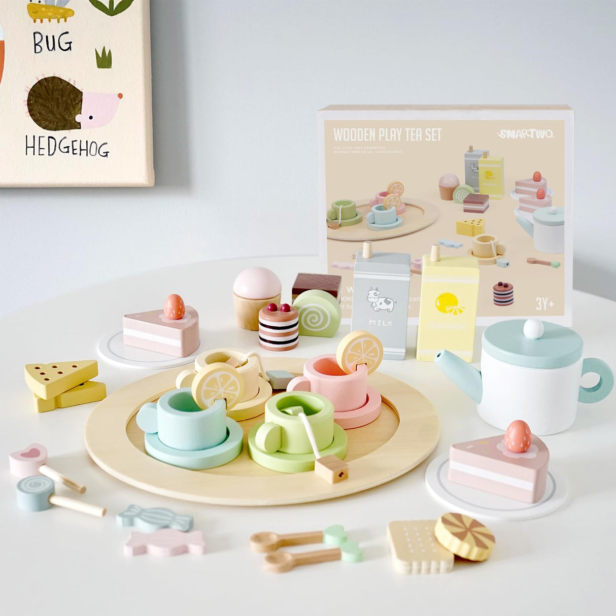 Smartwo Wooden Tea Party Set for Little Girls, 30 PCS Wooden Tea Set for Toddlers 1-3, Pretend Play Kids Wood Tea Set Toy, Play Kitchen Accessories with Play Food, Improve Imagination Smartwo