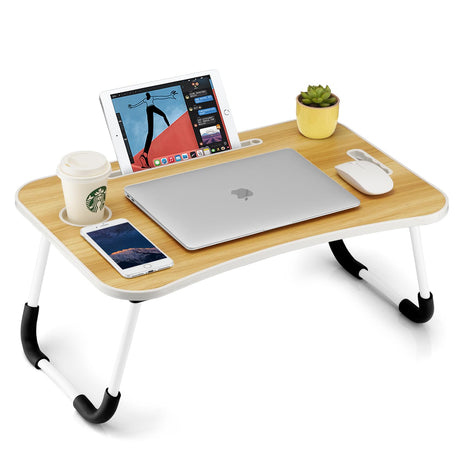 FISYOD Foldable Laptop Table, Portable Lap Desk Bed Table Tray, Laptop Stand with Cup Holder & Tablet Slot & Lifting Handle for Working Writing Drawing & Eating (Wood) FISYOD
