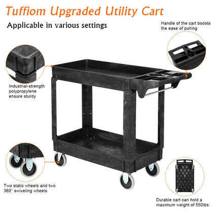 TUFFIOM Plastic Service Utility Cart with Wheels, 550lbs Capacity Heavy Duty Tub Storage Cart W/Deep Shelves, Multipurpose Rolling 2-Tier Mobile - WoodArtSupply