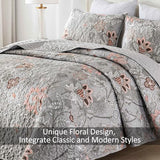 WONGS BEDDING Floral Quilt Set King Size, Grey Botanical King Bedspread Bedding Sets Soft Lightweight Microfiber Flower Gray Coverlet Set 3 Pieces for All Season (104"x90") WONGS BEDDING