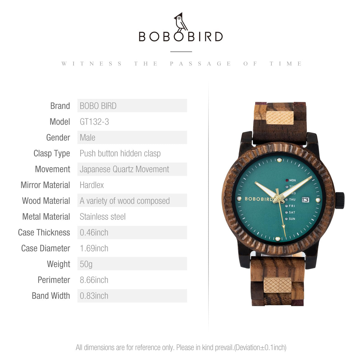 BOBO BIRD Mens Wooden Watch Analog Quartz with Week Display Lightweight Handmade Wood Wrist Watch for Men (Green) BOBO BIRD