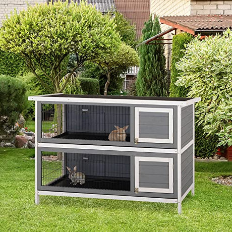 PawHut 54" 2-Story Large Rabbit Hutch Bunny Cage Wooden Pet House Small Animal Habitat with Lockable Doors, No Leak Tray and Waterproof Roof for Outdoor/Indoor Dark Grey PawHut