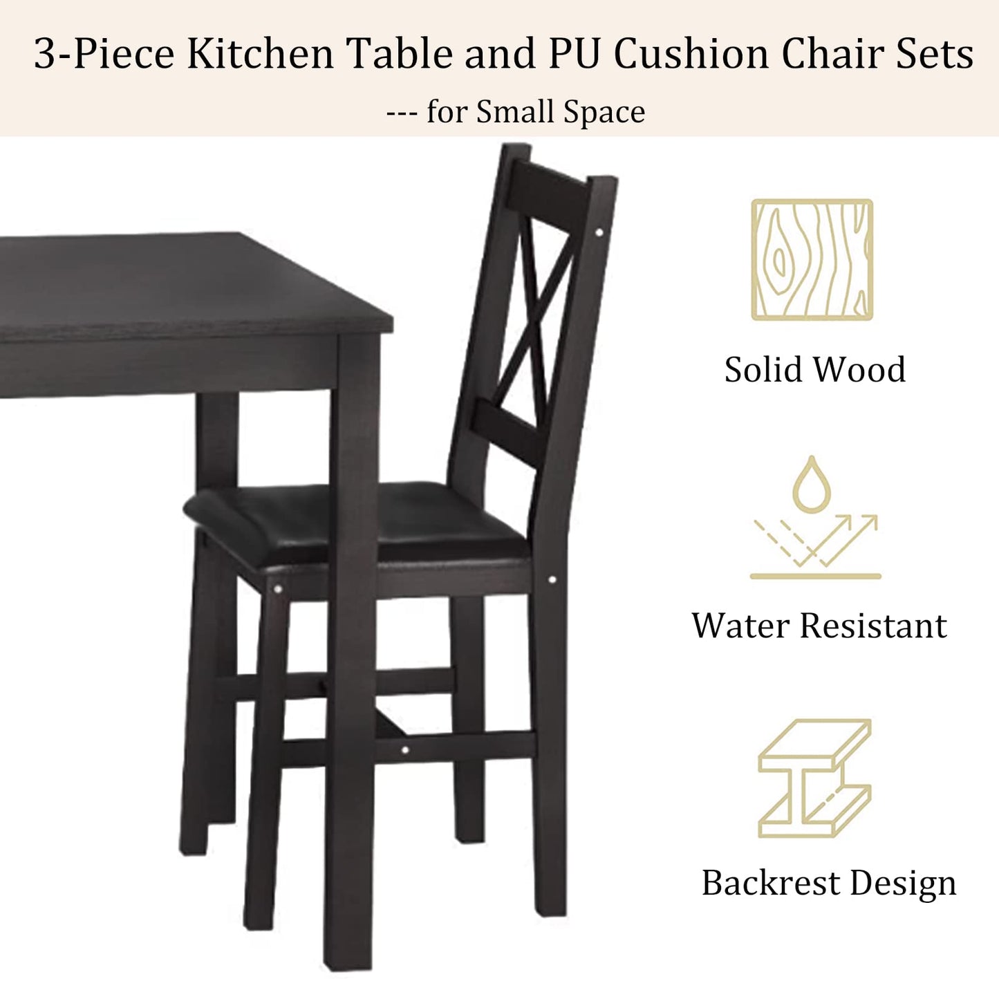 Hudada Kitchen Table Set 3 Piece Dining Table Set Sturdy Wooden Square Table and Chair Breakfast Table Set for 2 Person, Small Dining Room Table Set