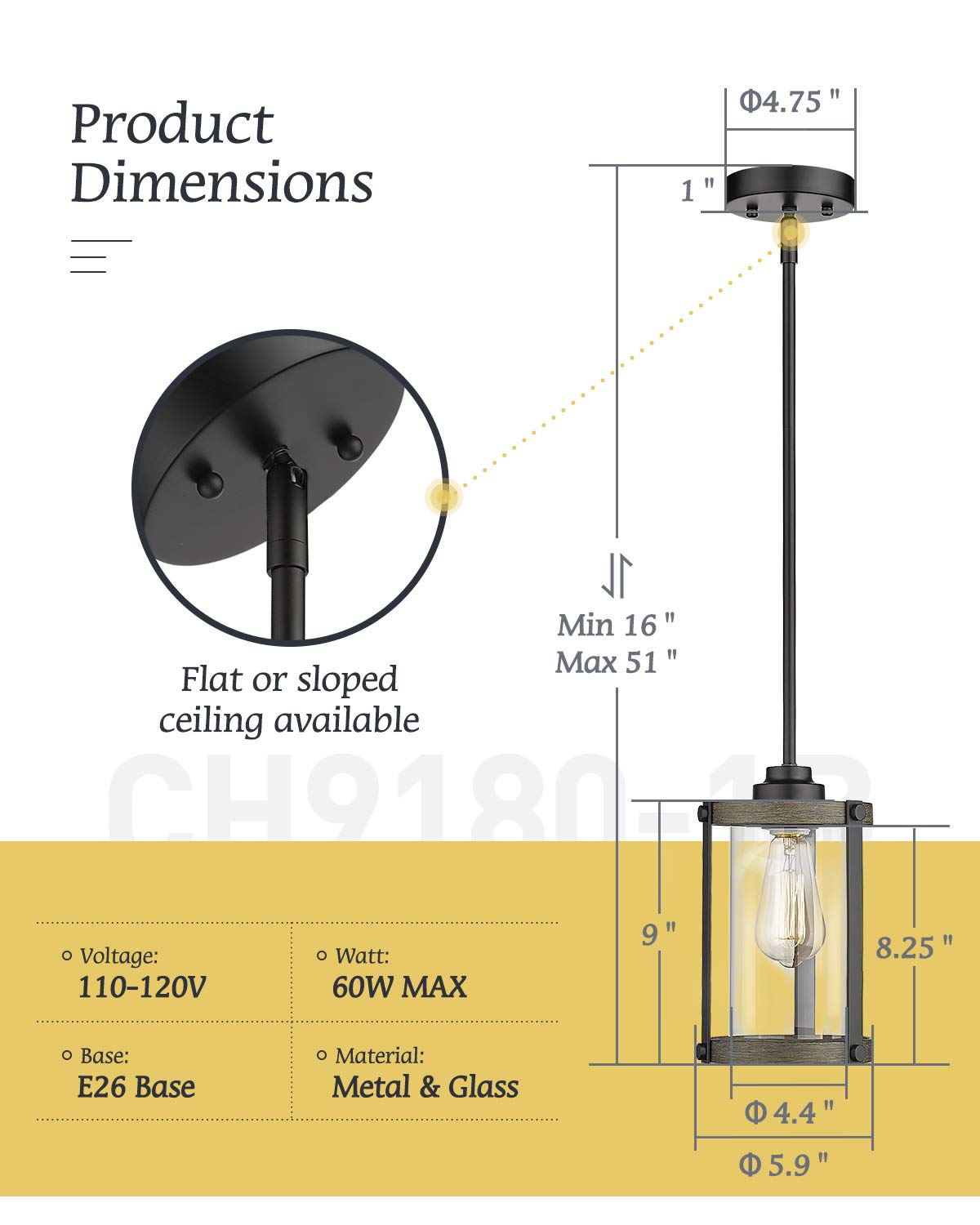Osimir Farmhouse Pendant Light Fixtures, 1-Light Black Glass Pendant Lights for Kitchen Island, Industrial Rustic Mini Hanging Lighting with Rod, Wood Finish, Adjustable Length, OS-3014 Osimir