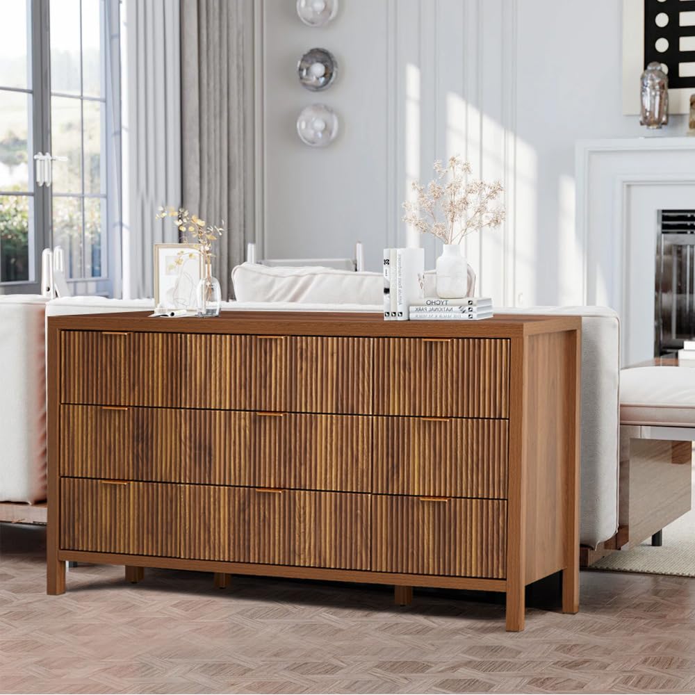 affeivul Mid Century Modern Dresser TV Stand, 9 Drawer Dresser for Bedroom Wood, Farmhouse Boho Storage Cabinet Side Table with Solid Natural Wood Legs, Long Wooden Dresser for Closet (Walnut) affeivul