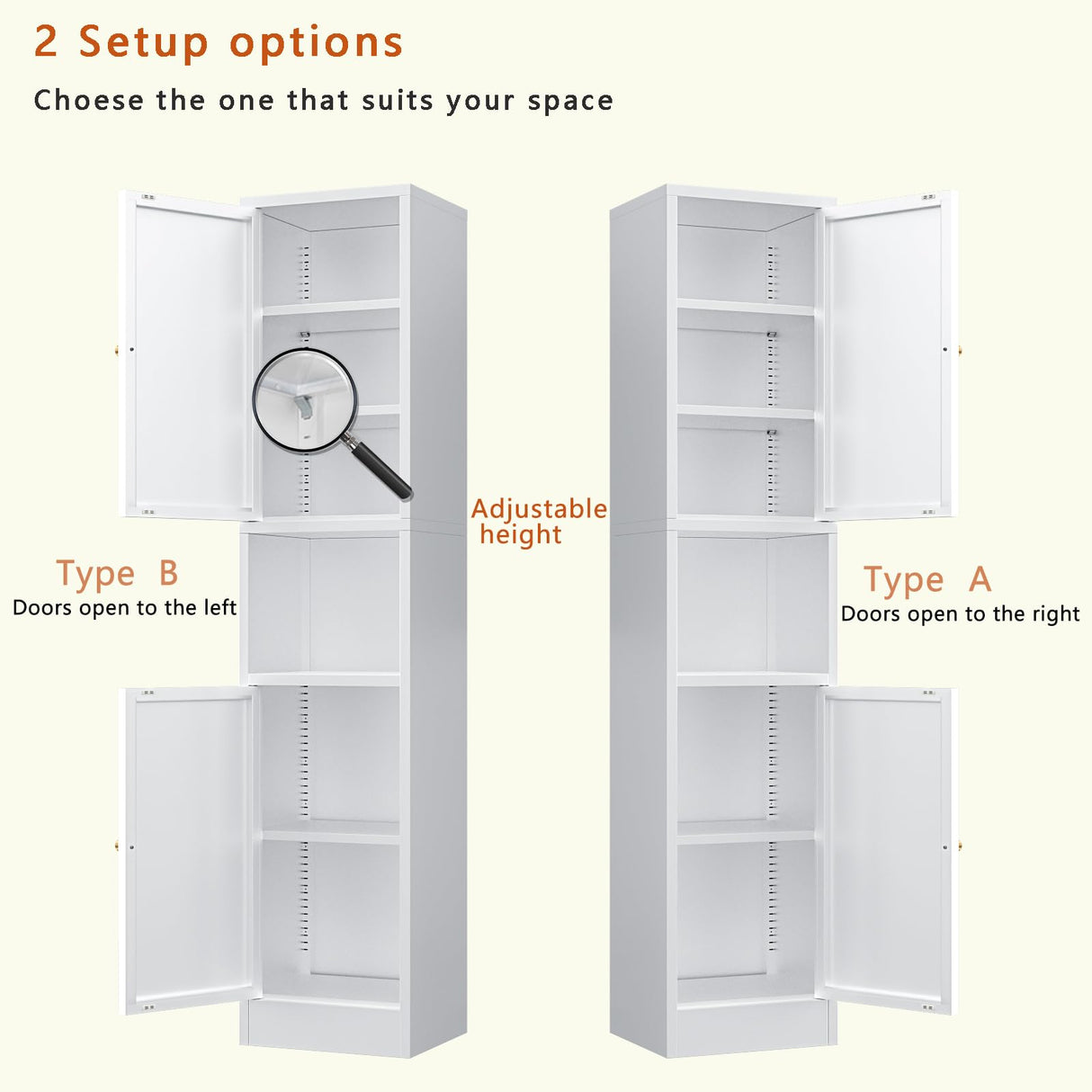 YAUWOH Tall Metal Storage Cabinet, Metal Locker Storage Cabinet with 3 Adjustable Shelves and 2 Doors,Sideboard for Small Spaces, Living Room, Home Office, Dining Room,White YAUWOH