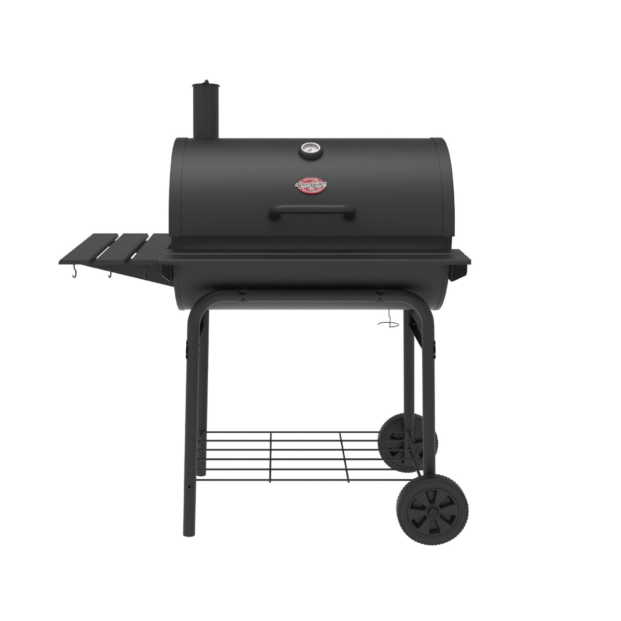 Char-Griller® Pro Deluxe Charcoal Barrel Grill, EasyDump™ Ash Pan, Premium Front and Side Shelves with Utensil Hooks, 850 Square Inches of Cooking Space in Black, Model E2827 Char-Griller