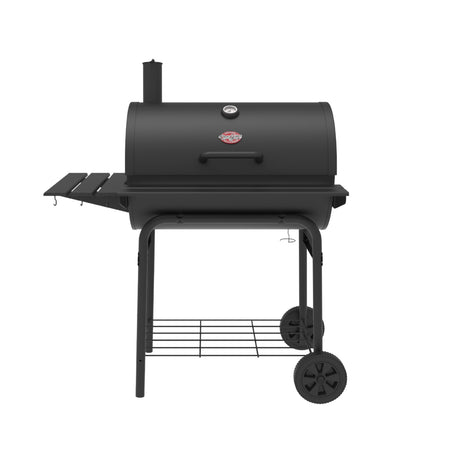 Char-Griller® Pro Deluxe Charcoal Barrel Grill, EasyDump™ Ash Pan, Premium Front and Side Shelves with Utensil Hooks, 850 Square Inches of Cooking Space in Black, Model E2827 Char-Griller