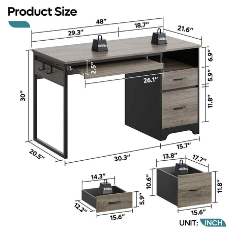 Bestier 48” Computer Desk with Drawers, Office Desk with Storage, Industrial Wood Writing Desk with File Drawer, Keyboard Tray & 2 Hooks for Home Office & Studio, Gray Bestier