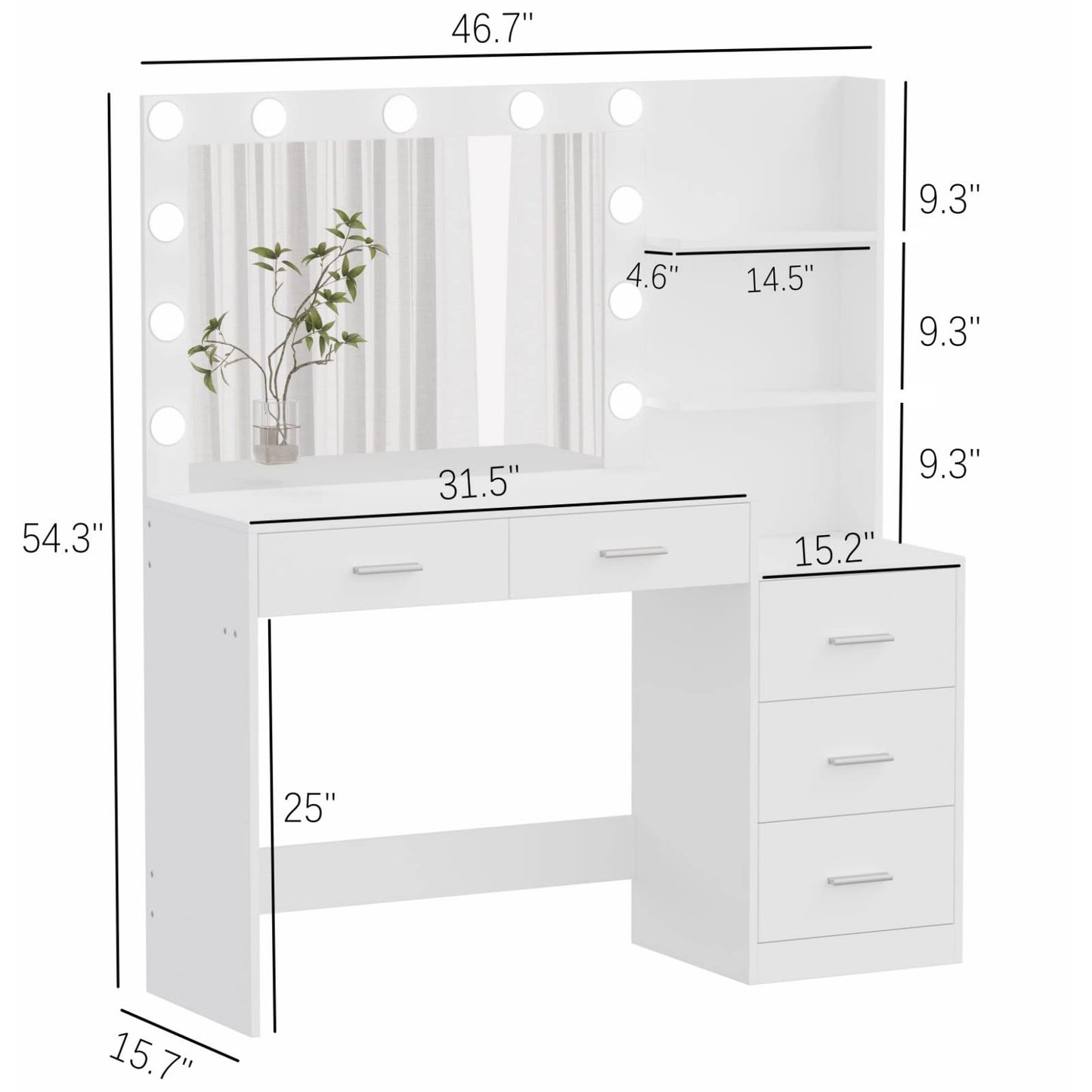 Rovaurx 46.7" Makeup Vanity Table with Lighted Mirror, Large Vanity Desk with Storage Shelf & 5 Drawers, Bedroom Dressing Table, 11 LED Lights, White RSZT106W - WoodArtSupply