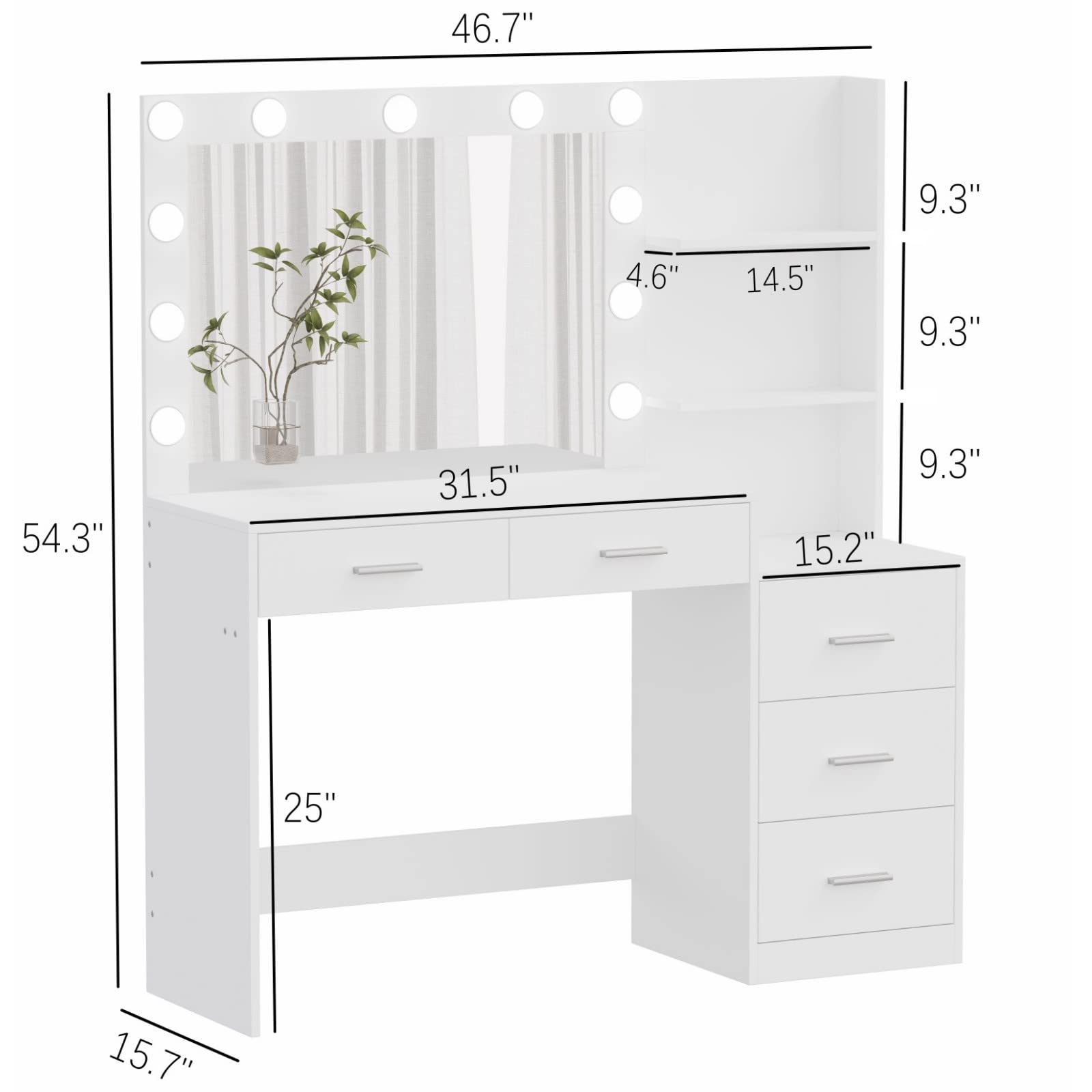 Rovaurx 46.7" Makeup Vanity Table with Lighted Mirror, Large Vanity Desk with Storage Shelf & 5 Drawers, Bedroom Dressing Table, 11 LED Lights, White RSZT106W - WoodArtSupply