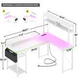 Aheaplus Small L Shaped Desk with Charging Port & LED Strip, Reversible L-Shaped Gaming Desk Computer Desk with Monitor Stand & Storage Shelf, Corner Desks Home Office Desk with Storage Bag, White Aheaplus