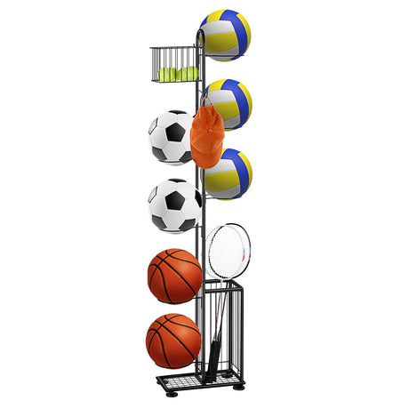 melos 7 Tier Basketball Ball Storage Rack, Freestanding Basketball Holder Garage Ball Storage Sport Organizer Rack with Basket for Volleyball Football Basketball, Indoor/Outdoor melos