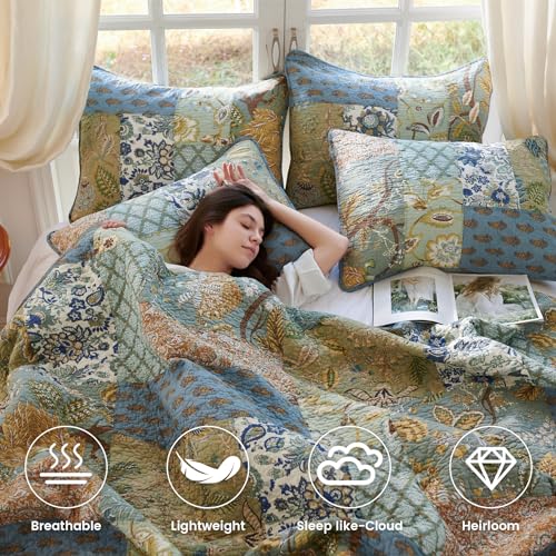 Secgo Queen Comforter Set for Bed - 100% Cotton Quilts Queen Size, Green, Sage Bedspreads (90 * 98 Inch) with 2 Pillow Shams, Patchwork Reversible Lightweight Bedding Secgo