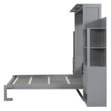 Merax Full Size Murphy Bed, Wooden Full Wall Bed with Shelves, Drawers and LED Lights, for Home Office or Small Room, Gray Merax