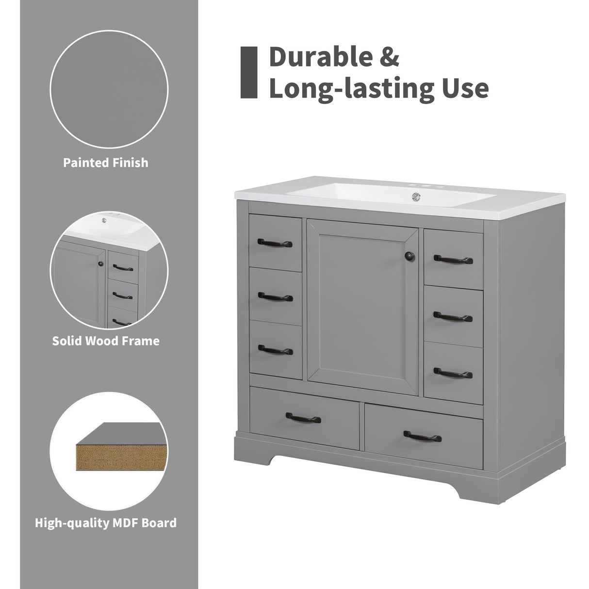 Harper & Bright Designs 36" Bathroom Vanity with Sink, Free Standing Single Basin Vanity Set with 6 Drawers & One Cabinet with Adjustable Shelf, Bathroom Cabinet with Ceramic Basin for Bathroom, Grey Harper & Bright Designs