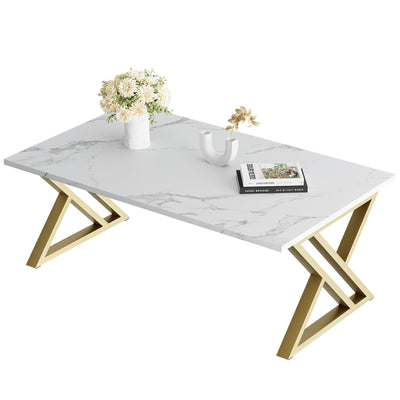 Wolawu Coffee Table Living Room Table White Center Table, Simple Modern Faux Marble Rectangular Tea Tables with Sturdy Gold Metal Frame,Industrial Wooden Coffee Table for Bedroom Home Office
