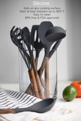 Country Kitchen Silicone Cooking Utensils, 8 Pc Kitchen Utensil Set, Easy to Clean Wooden Kitchen Utensils, Cooking Utensils for Nonstick Cookware, Kitchen Gadgets and Spatula Set - Black Country Kitchen
