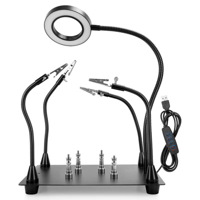 Magnetic Helping Hands Soldering Station with 4 Flexible Helping Hands, 5X Magnifying Glass and Adjustable Light with 4 Magnetic PCB Holder on Large Non-Slip Base for Electronic Repair