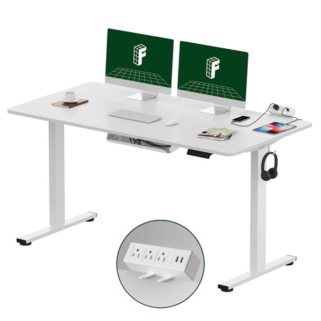 FLEXISPOT EN2 Whole-Piece Standing Desk with Clamp Power Strip, 55 x 28 Electric Stand Up Height Adjustable Desk with Cable Management (White Frame + 55" White Top,2 Packages) FLEXISPOT