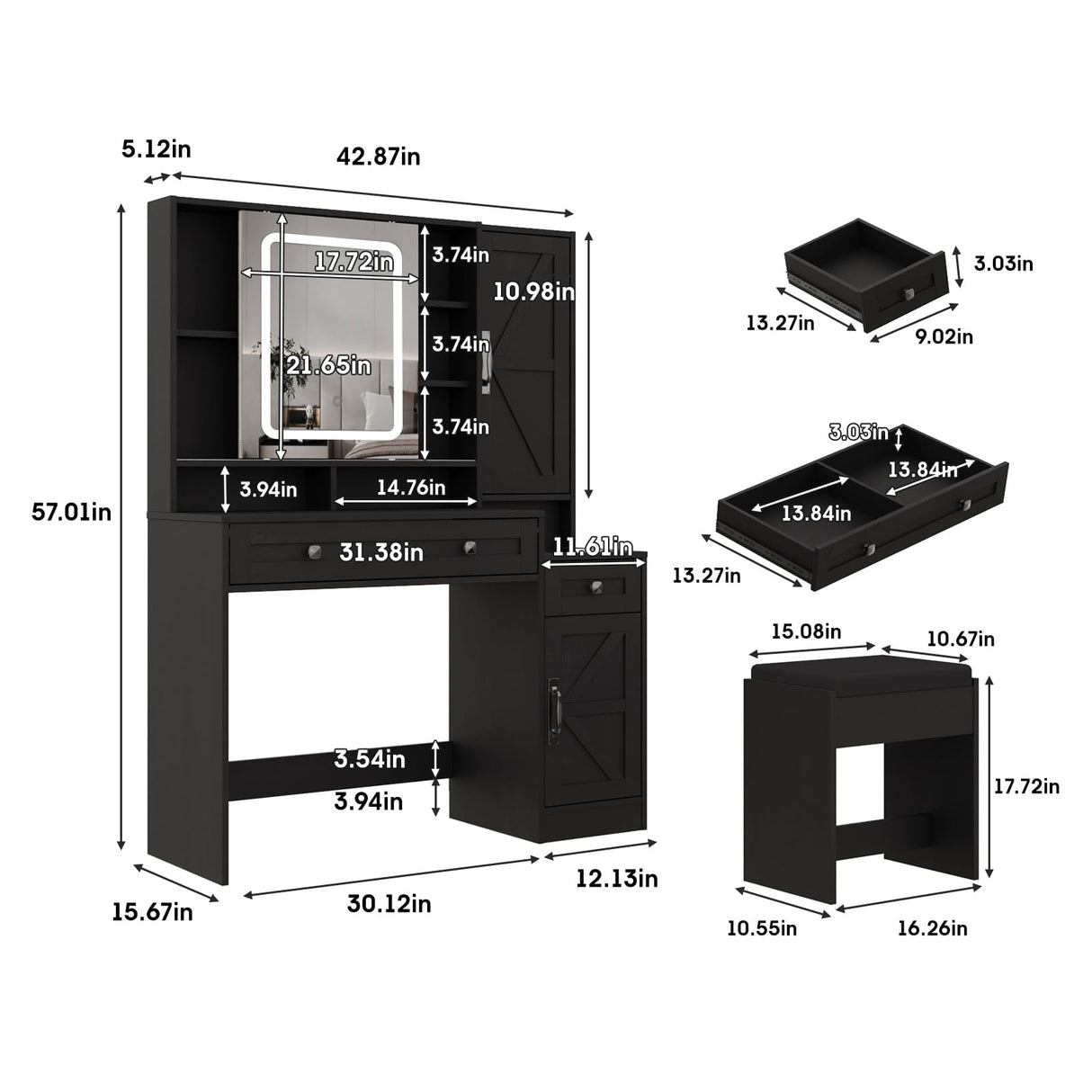 Fameill Vanity Desk with Mirror and Lights, Makeup Vanity Desk with Power Outlet, 2 Drawers & Storage, Vanity Table with Chair & Jewelry Cabinet, for Bedroom (Black) Fameill