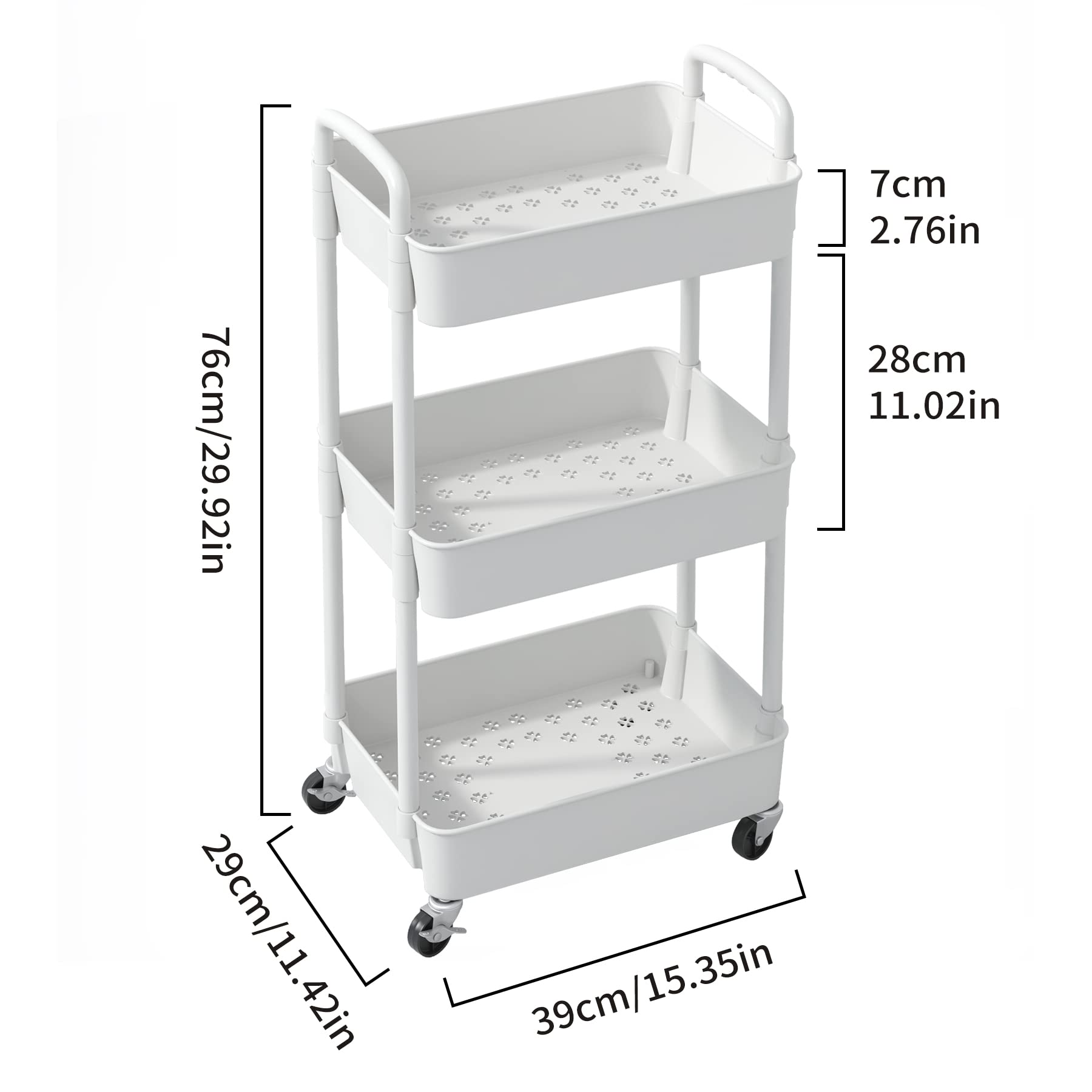 Sywhitta 3-Tier Plastic Rolling Utility Cart with Handle, Multi-Functional Storage Trolley for Office, Living Room, Kitchen, Movable Storage Organizer with Wheels, White - WoodArtSupply