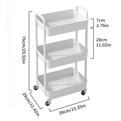 Sywhitta 3-Tier Plastic Rolling Utility Cart with Handle, Multi-Functional Storage Trolley for Office, Living Room, Kitchen, Movable Storage Organizer with Wheels, White - WoodArtSupply