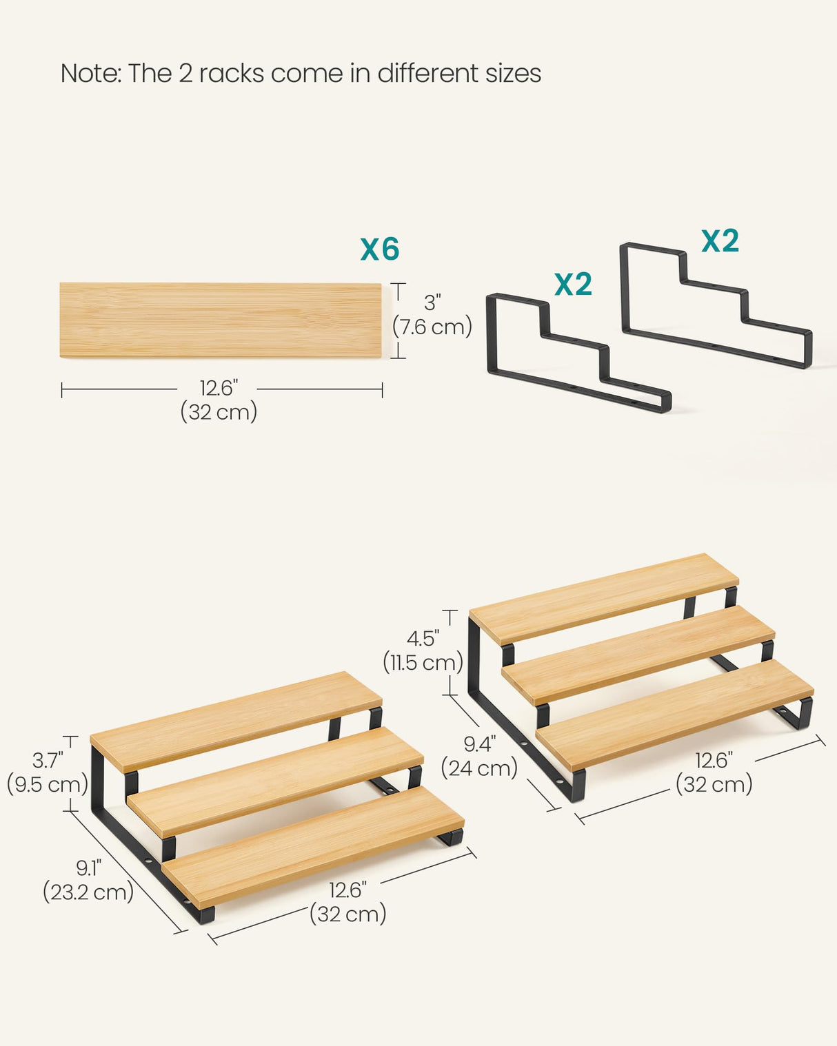 SONGMICS Display Risers, Set of 2 Engineered Wood Perfume Organizer Stand, 3-Tier Cupcake Stand Holder, Spice Rack, Shelf Risers for Figures, Dessert Shelves, Natural Beige and Ink Black UKCS016N01 SONGMICS