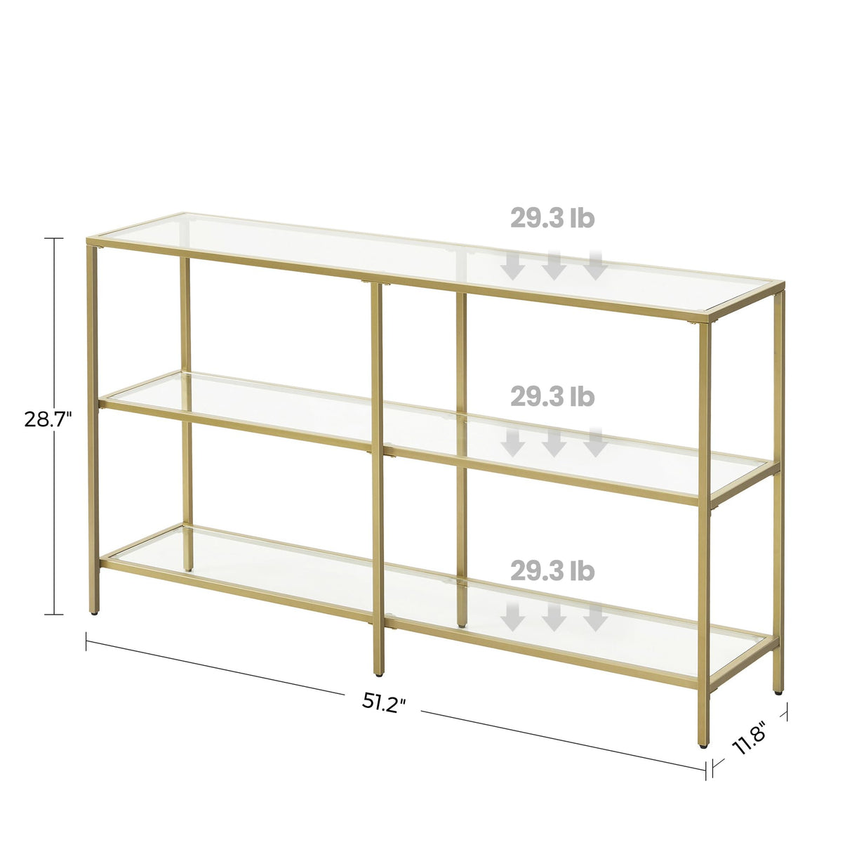 VASAGLE 51.2 Inch Console Table with 3 Shelves, Sofa Table, Entryway Table, Metal Frame, Tempered Glass Shelf, Modern Style, for Entryway Living Room Bedroom, Metallic Gold and Transparent ULGT024A01 VASAGLE