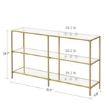 VASAGLE 51.2 Inch Console Table with 3 Shelves, Sofa Table, Entryway Table, Metal Frame, Tempered Glass Shelf, Modern Style, for Entryway Living Room Bedroom, Metallic Gold and Transparent ULGT024A01 VASAGLE